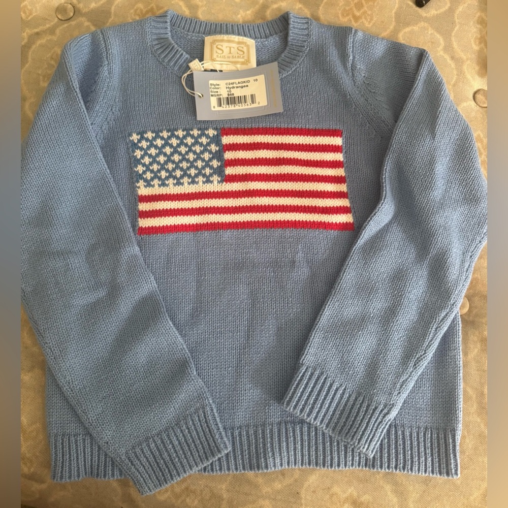 Sail to Sable Light Blue Crewneck Sweater with American Flag Intarsia